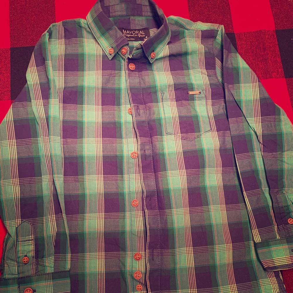Blue and green button up top